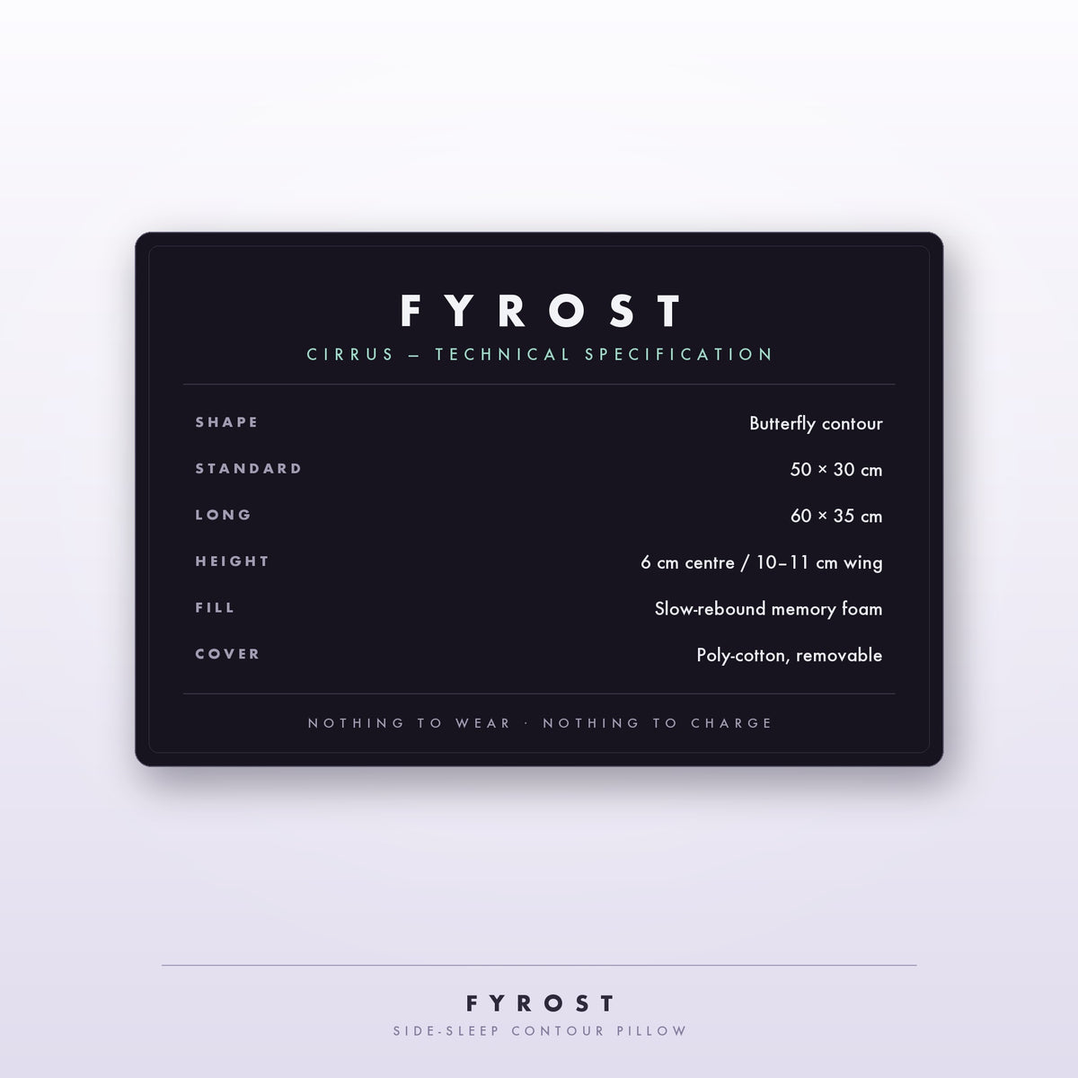 FYROST Cirrus technical specification — butterfly contour, 6 cm centre, 10–11 cm wing