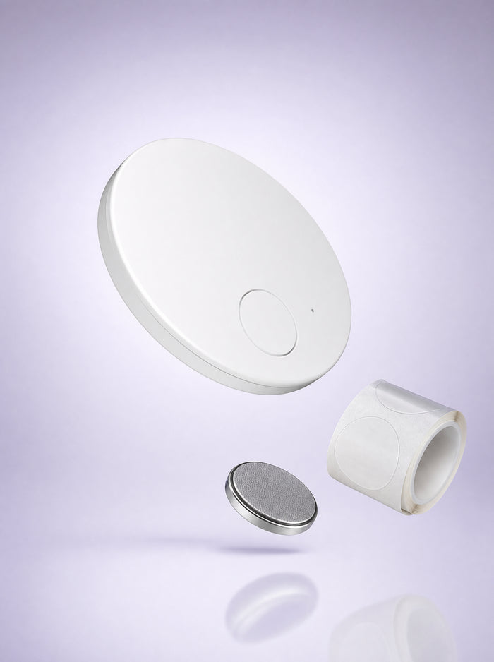 FYROST Dusk side-sleep trainer — 9-gram position-sensing disc with adhesive stickers and coin battery