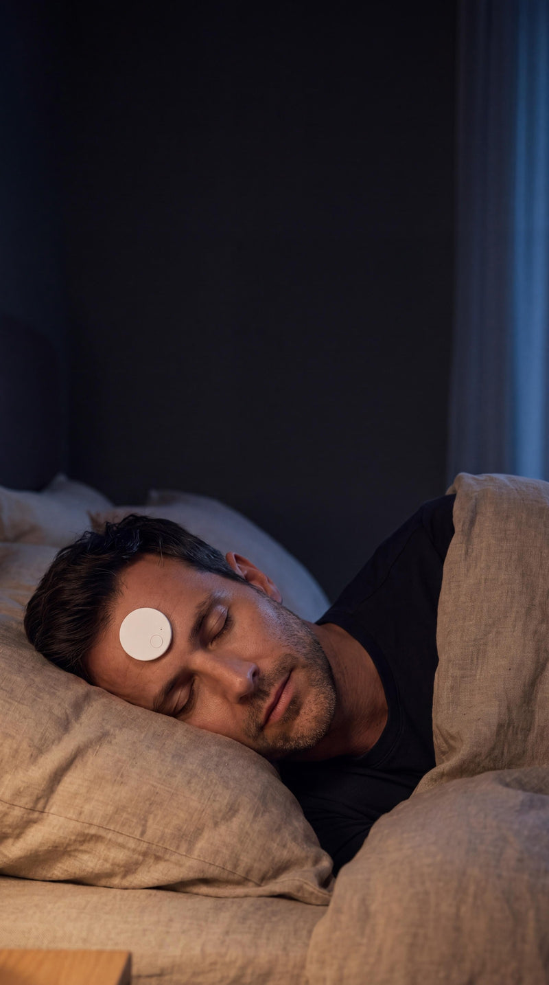 A man asleep on his side in a warm dark bedroom, the flat 9-gram Dusk trainer worn flush on his forehead