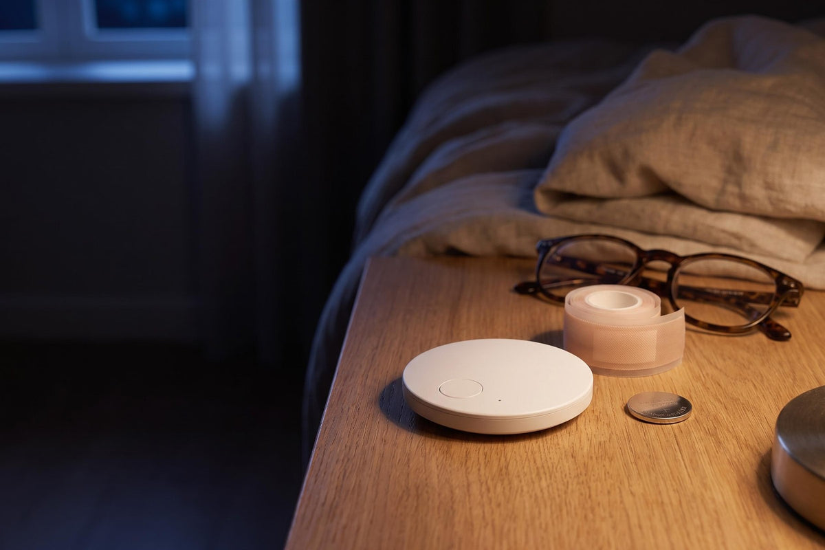 Dusk lying face up on an oak nightstand beside its adhesive roll and a CR2032 coin battery