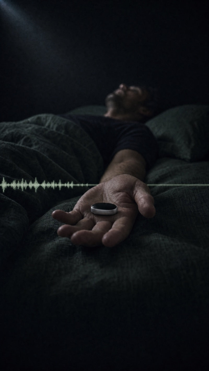 The Hush device resting in an open palm at night, a waveform settling into a calm line beside it