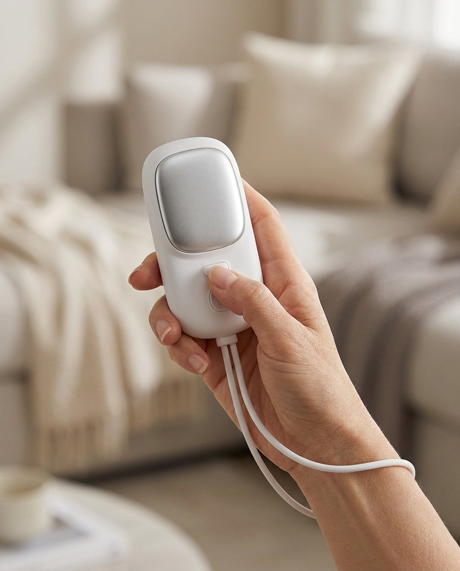 Mist in hand — one button, thumb-sized controls