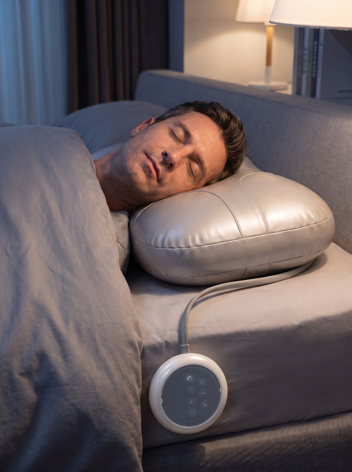 Asleep on his back on the FYROST Vesper pillow, the control pod hooked over the mattress edge