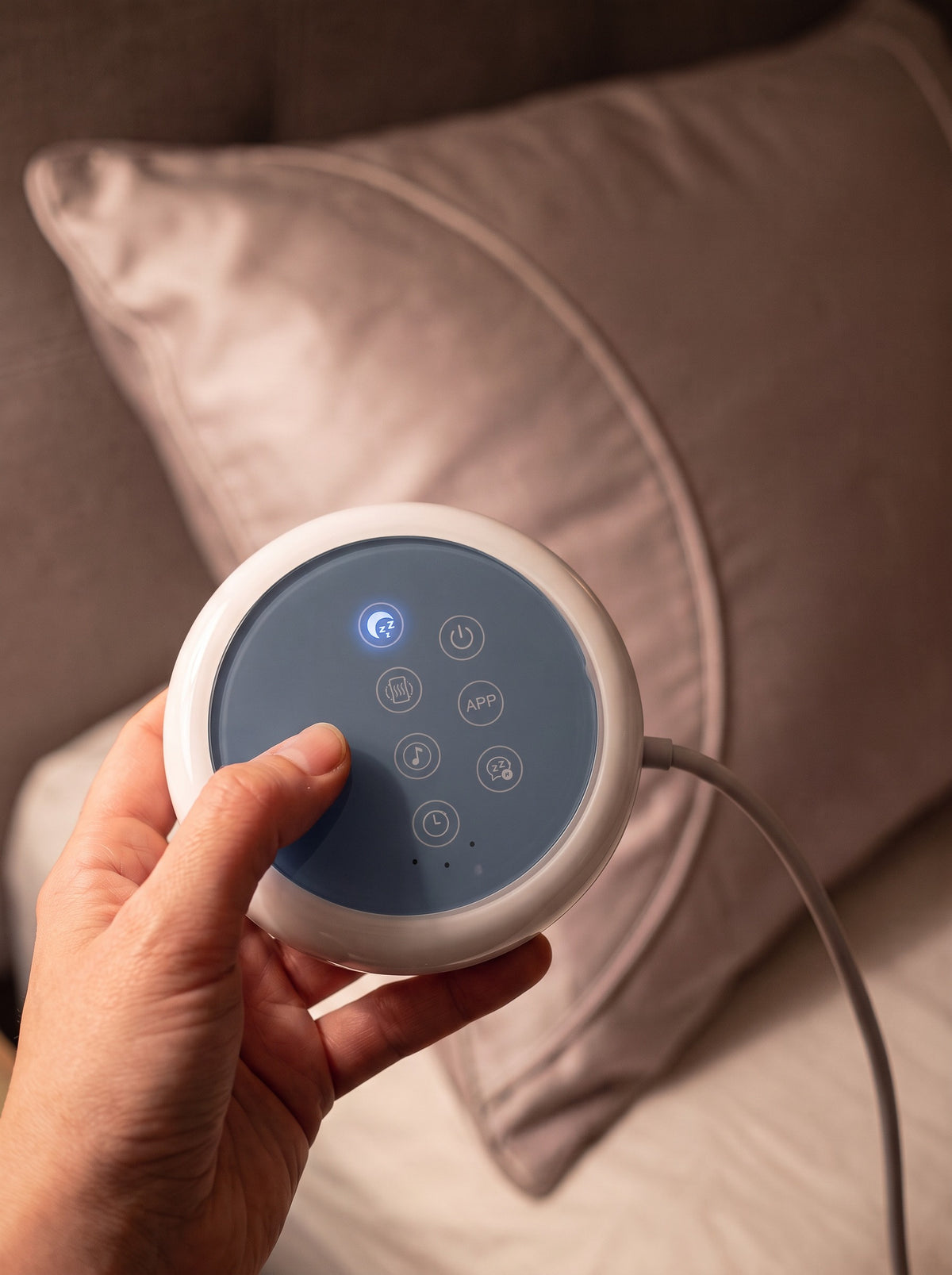 The FYROST Vesper control pod in hand — seven touch keys, the sleep key lit