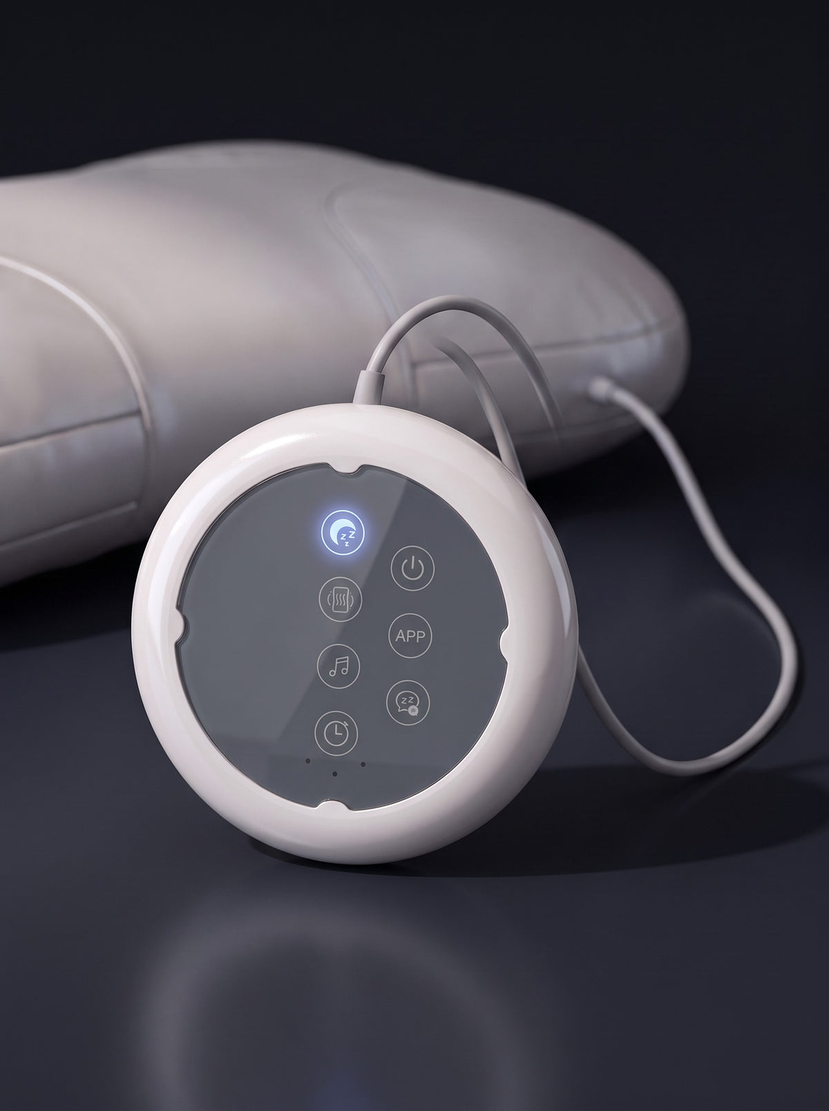 FYROST Vesper control pod — thick white rim, dark touch face, seven keys, air hose to the pillow