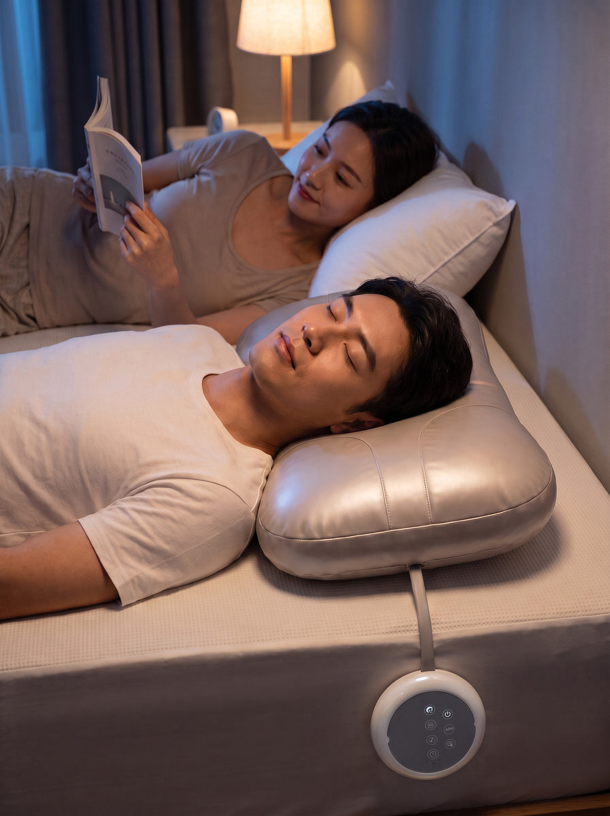 He sleeps on his back on FYROST Vesper while she reads beside him
