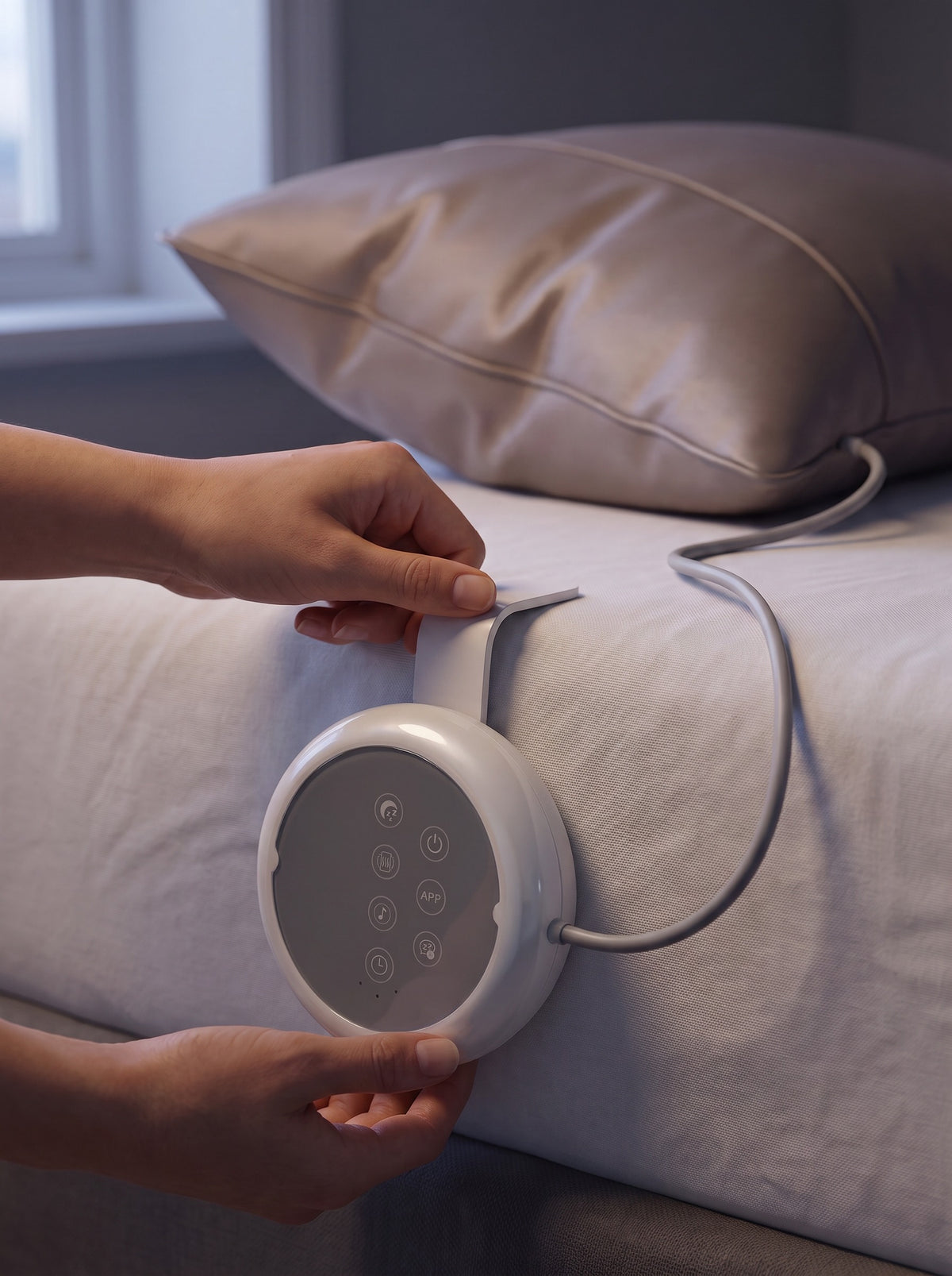 Hooking the FYROST Vesper control pod over the edge of the mattress