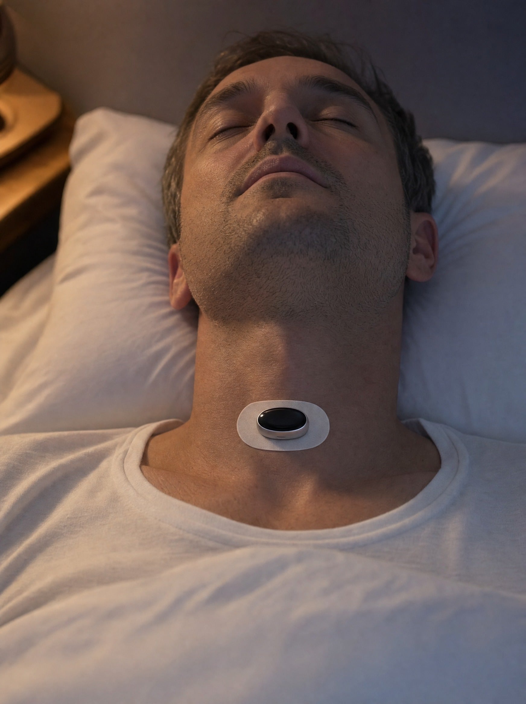 FYROST Hush worn on the front of the throat on its adhesive gel pad while sleeping