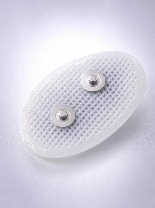 Macro of a FYROST Hush gel pad, showing the mesh face and twin snap studs